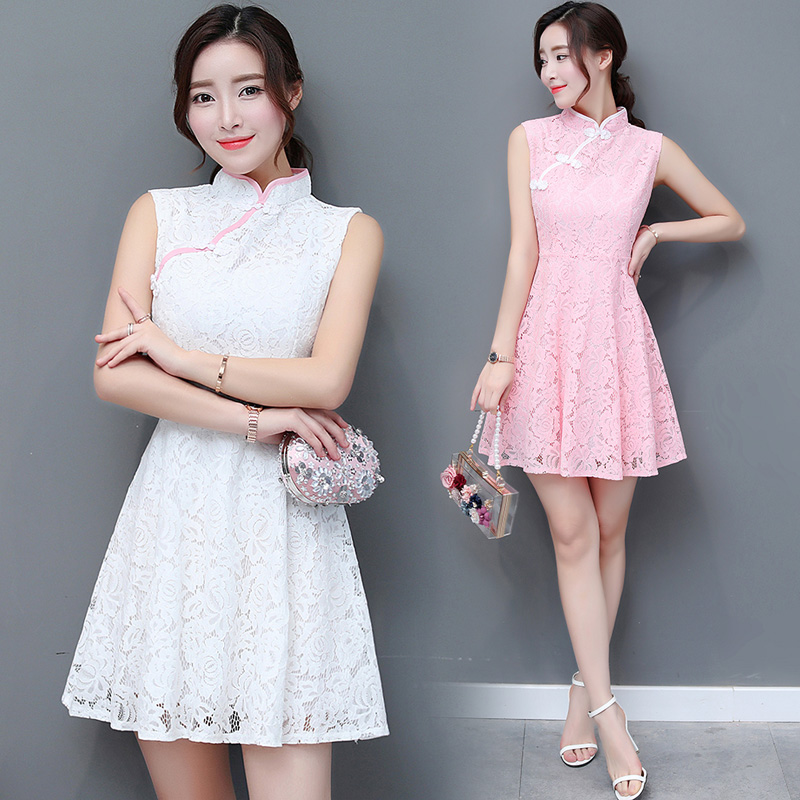 新款復古無袖旗袍式高腰淑女蕾絲a字連衣裙時尚氣質