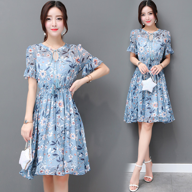 碎花雪紡連衣裙夏季新款時尚小清新收腰中長款度假沙灘裙女裝