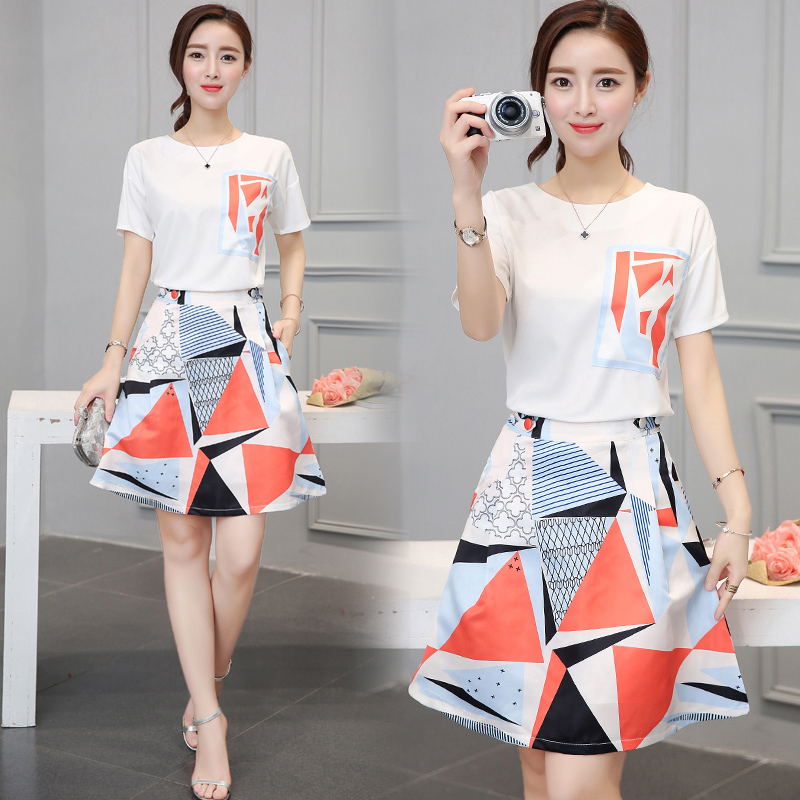 夏季新款韓版女裝雪紡兩件套圓領短袖套裝裙中長款時尚連衣裙