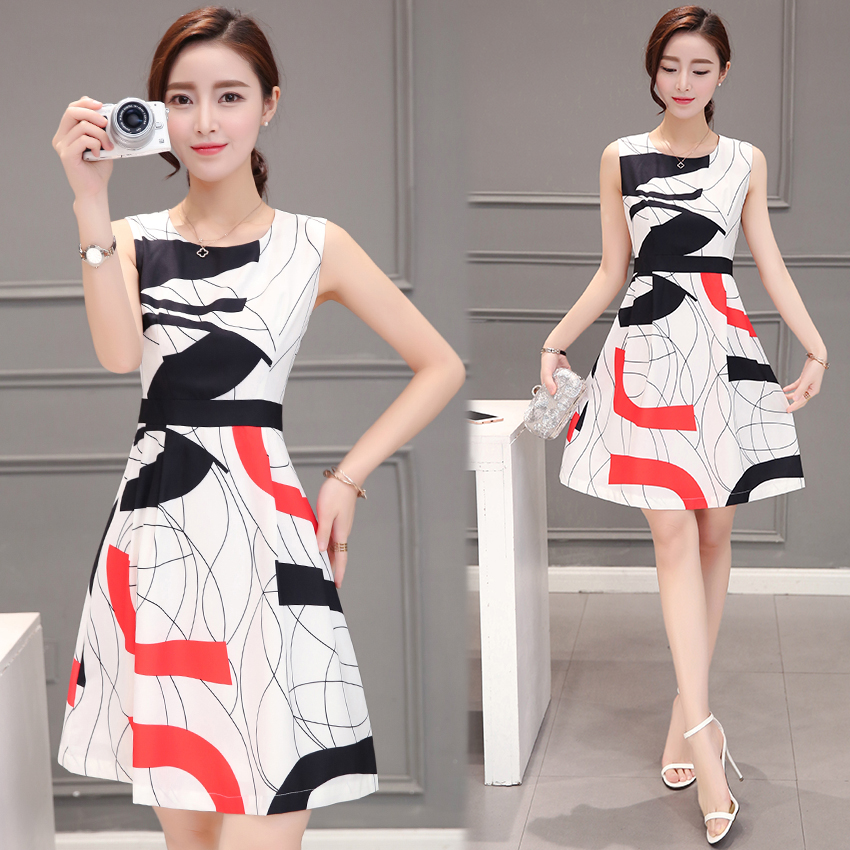 夏季新款時尚印花無袖連衣裙女韓版修身顯瘦名媛中長款A字裙