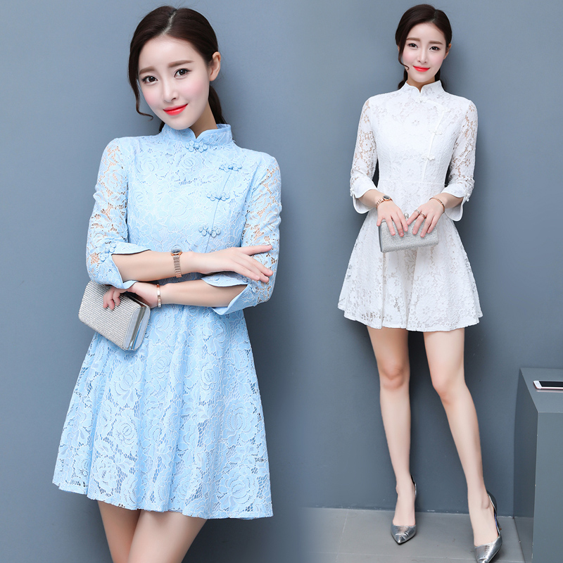 夏季韓版顯瘦旗袍蕾絲時尚連衣裙女鏤空收腰七分袖A字裙中裙