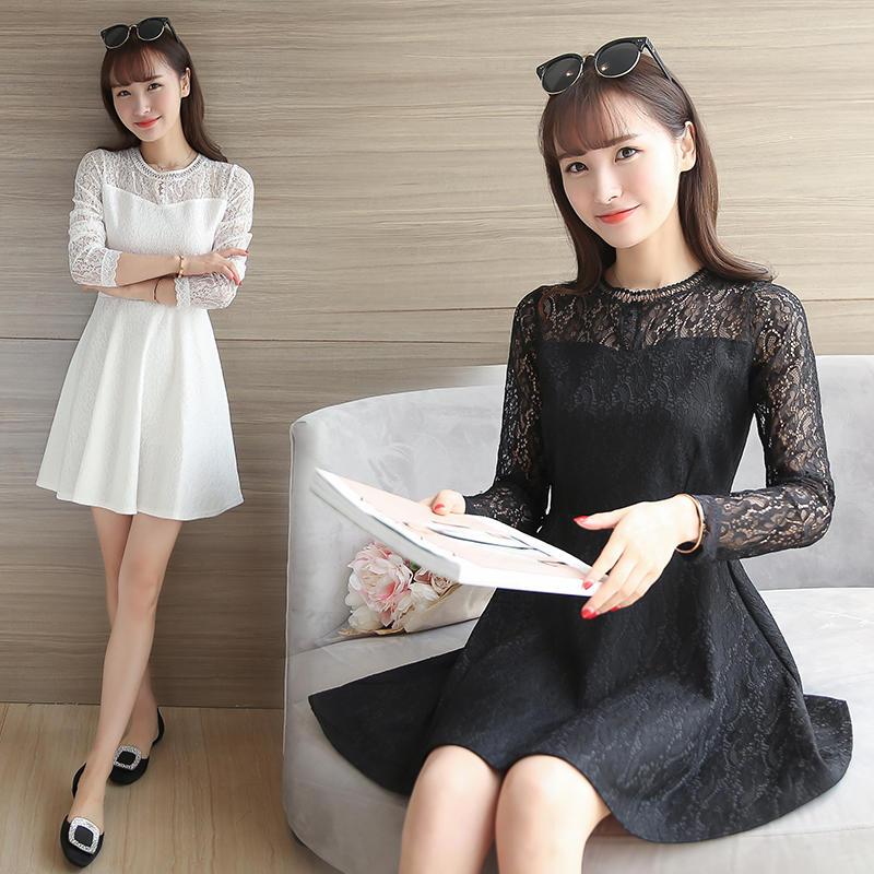 春季新款韓版名媛氣質蕾絲中裙打底長袖顯瘦時尚A字裙連衣裙