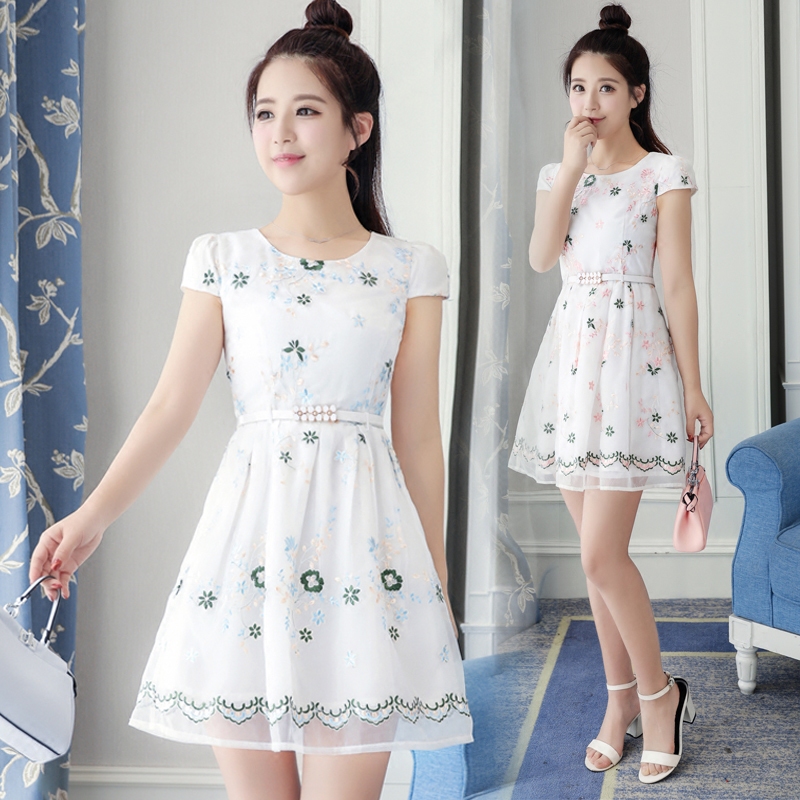 夏裝新款時尚短袖韓版A字裙 收腰小清新中長款歐根紗連衣裙女
